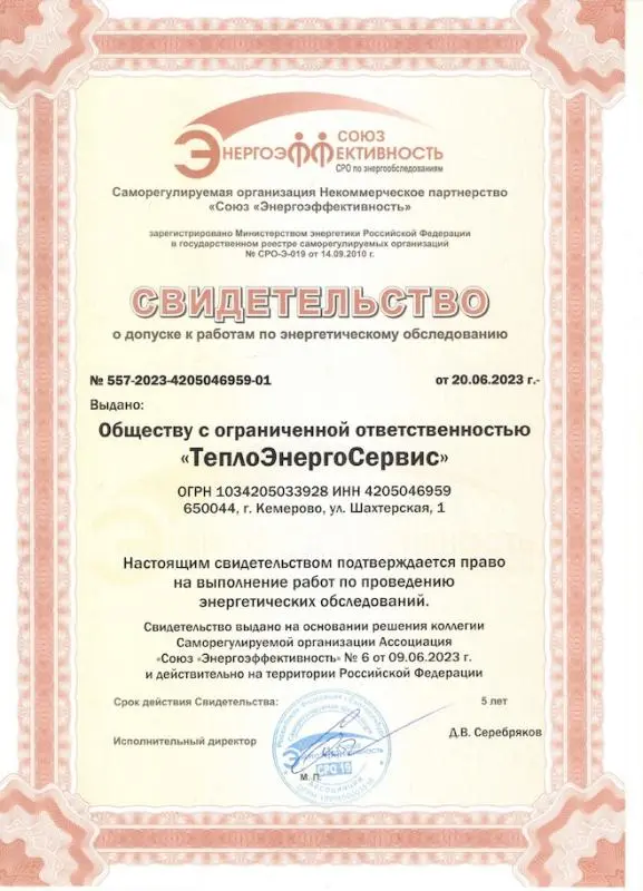 Свидетельство о допуске к работам по энергетическому обследованию 
